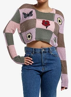 Thorn & Fable Pink Brown Checker Patches Girls Crop Knit Sweater