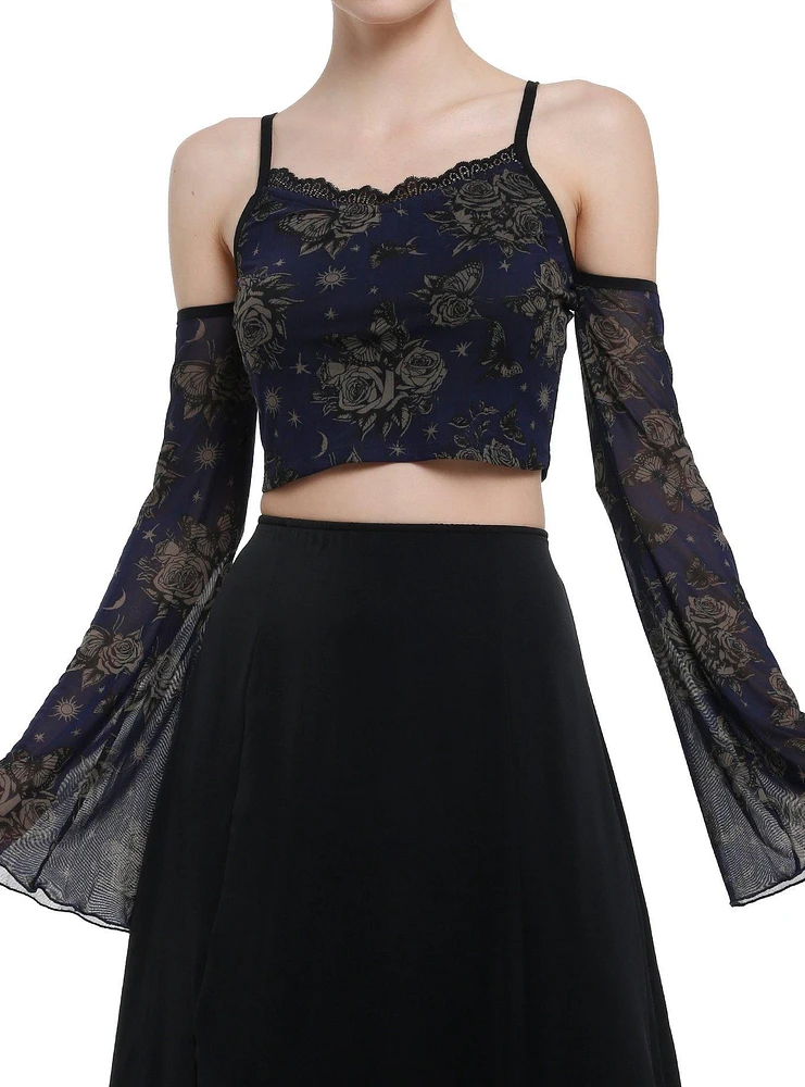 Cosmic Aura Dark Floral Girls Cold Shoulder Top