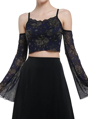 Cosmic Aura Dark Floral Girls Cold Shoulder Top