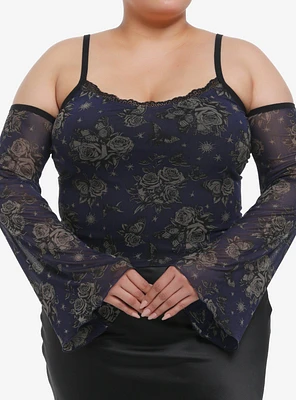 Cosmic Aura Dark Floral Girls Cold Shoulder Top Plus