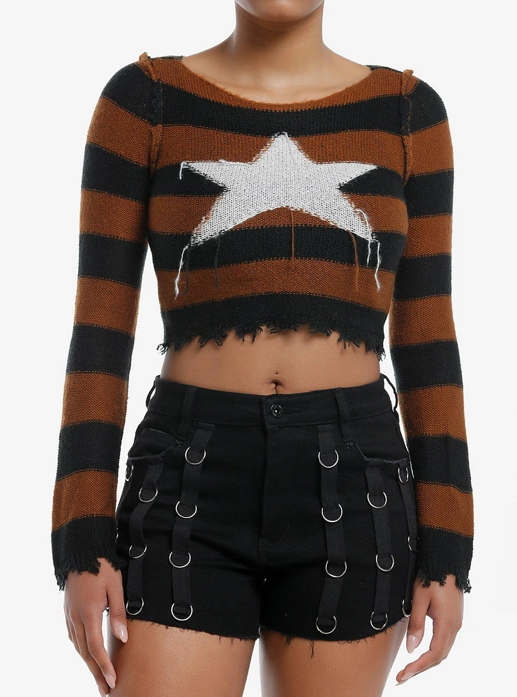 Social Collision Brown & Black Stripe Star Girls Crop Sweater