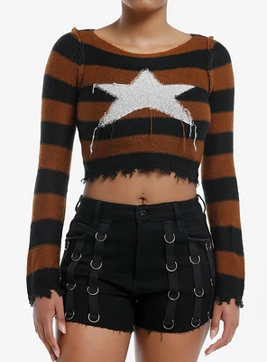 Social Collision Brown & Black Stripe Star Girls Crop Sweater