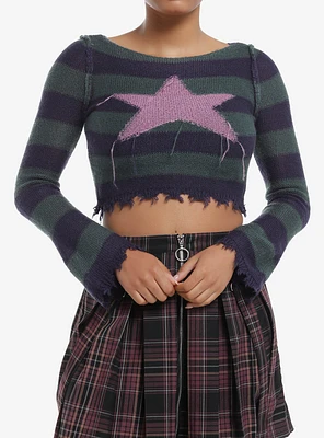Social Collision Teal & Navy Stripe Star Girls Crop Sweater