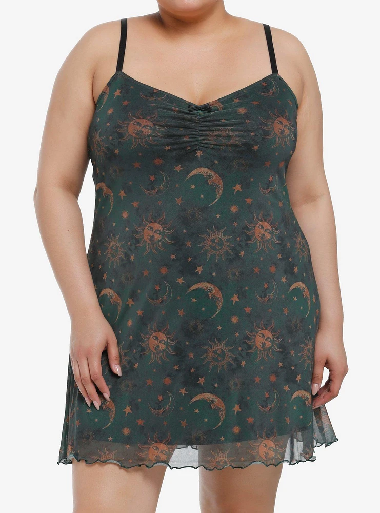 Cosmic Aura Green & Gold Celestial Print Mini Dress Plus