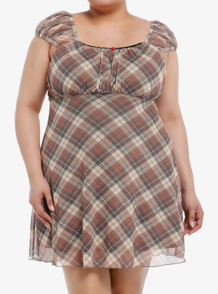 Sweet Society Brown Plaid Rose Babydoll Dress Plus