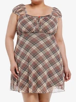 Sweet Society Brown Plaid Rose Babydoll Dress Plus