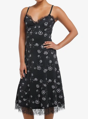 Cosmic Aura Skull Rose Midi Slip Dress