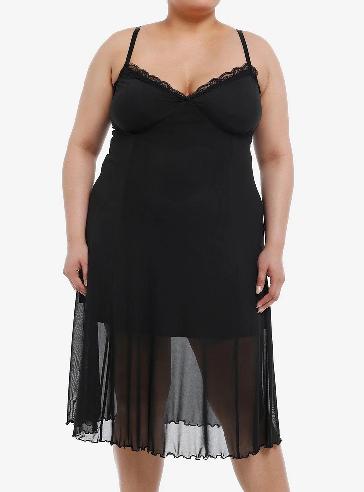 Cosmic Aura Black Lace Mesh Midi Dress Plus