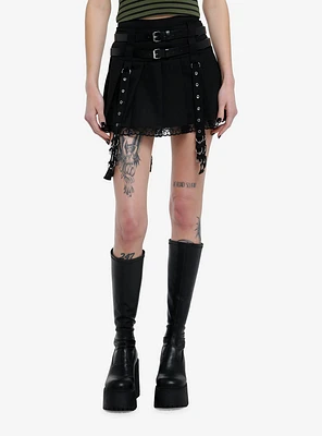 Social Collision Black Grommet Strap Pleated Skirt With Belt