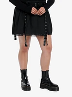 Social Collision Black Grommet Strap Pleated Skirt With Belt Plus