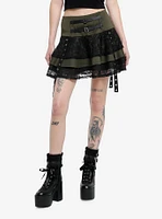 Social Collision Olive & Black Lace Grommet Strap Tiered Skirt