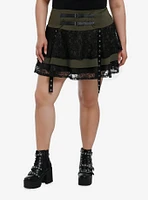 Social Collision Olive & Black Lace Grommet Strap Tiered Skirt Plus