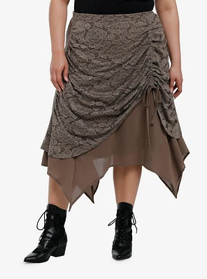 Thorn & Fable Brown Lace Ruched Hanky Hem Midi Skirt Plus