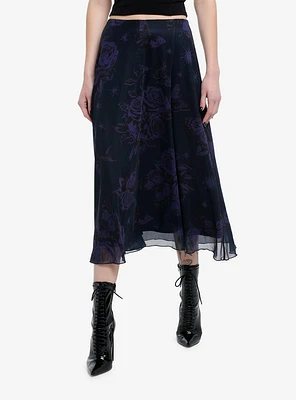 Cosmic Aura Purple & Black Floral Midi Skirt