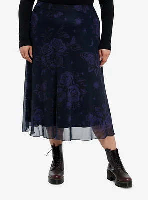 Cosmic Aura Purple & Black Floral Midi Skirt Plus