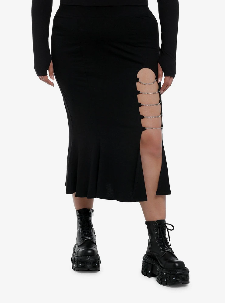 Social Collision Black Chain Slit Mermaid Midi Skirt Plus