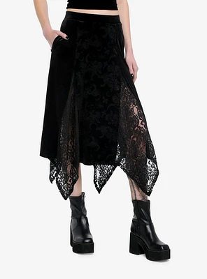 Cosmic Aura Black Velvet Lace Godet Midi Skirt