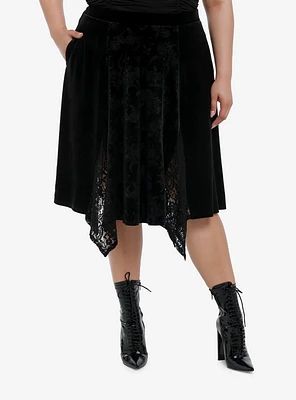 Cosmic Aura Black Velvet Lace Godet Midi Skirt Plus Side