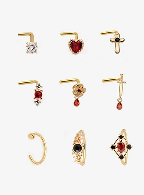 Steel Gold Goth Dagger Cross Nose Stud & Hoop 9 Pack