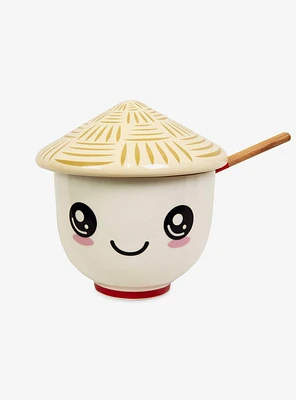 Kawaii Face Conical Hat Lid Ramen Bowl With Chopsticks