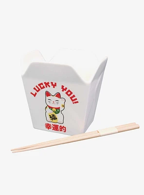 Lucky Cat Lucky You Take Out Ramen Bowl With Chopsticks