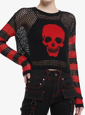 Social Collision Red & Black Stripe Skull Open Knit Girls Crop Sweater