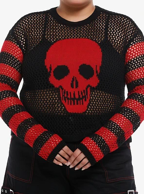 Social Collision Red & Black Stripe Skull Open Knit Girls Crop Sweater Plus