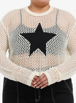 Social Collision Star Open Knit Girls Crop Sweater Plus