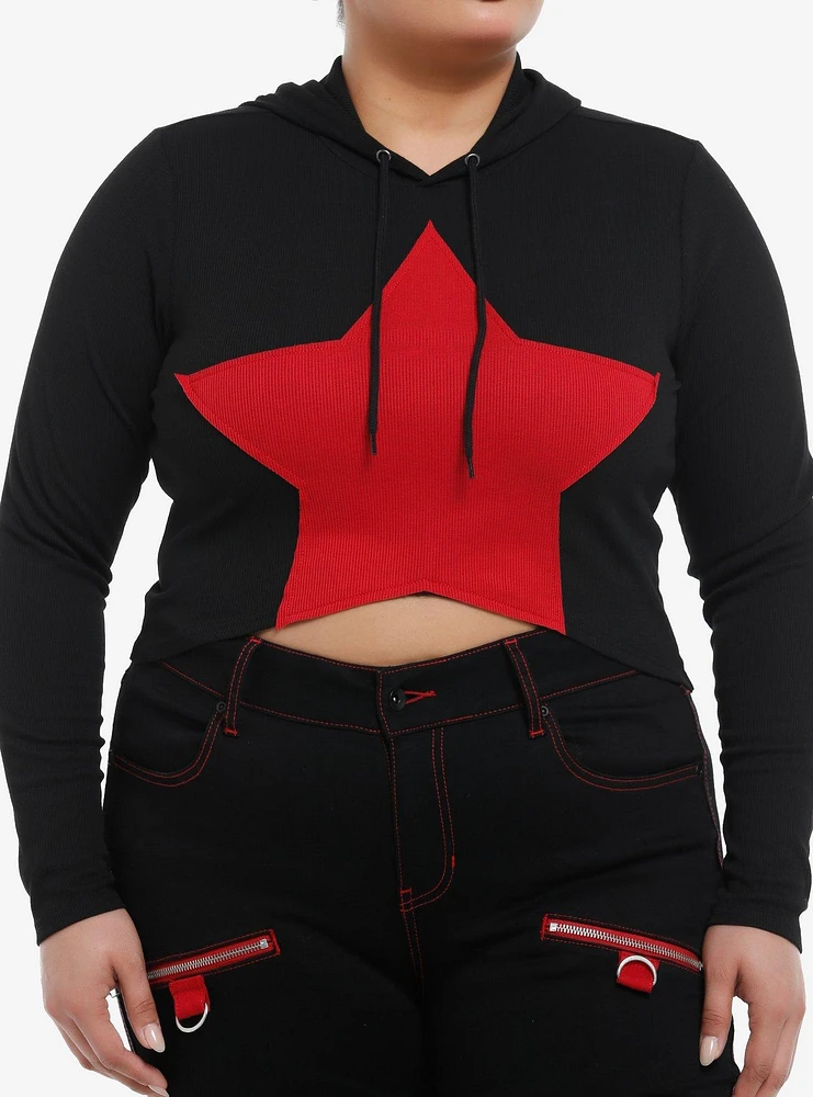 Social Collision Red Star Ribbed Girls Crop Hoodie Plus