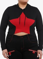 Social Collision Red Star Ribbed Girls Crop Hoodie Plus