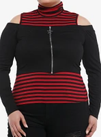 Social Collision Black & Red Stripe Girls Mock Neck Twofer Plus