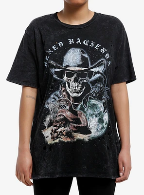 Cosmic Aura Skull Cowboy Destructed Mineral Wash Girls Oversized T-Shirt