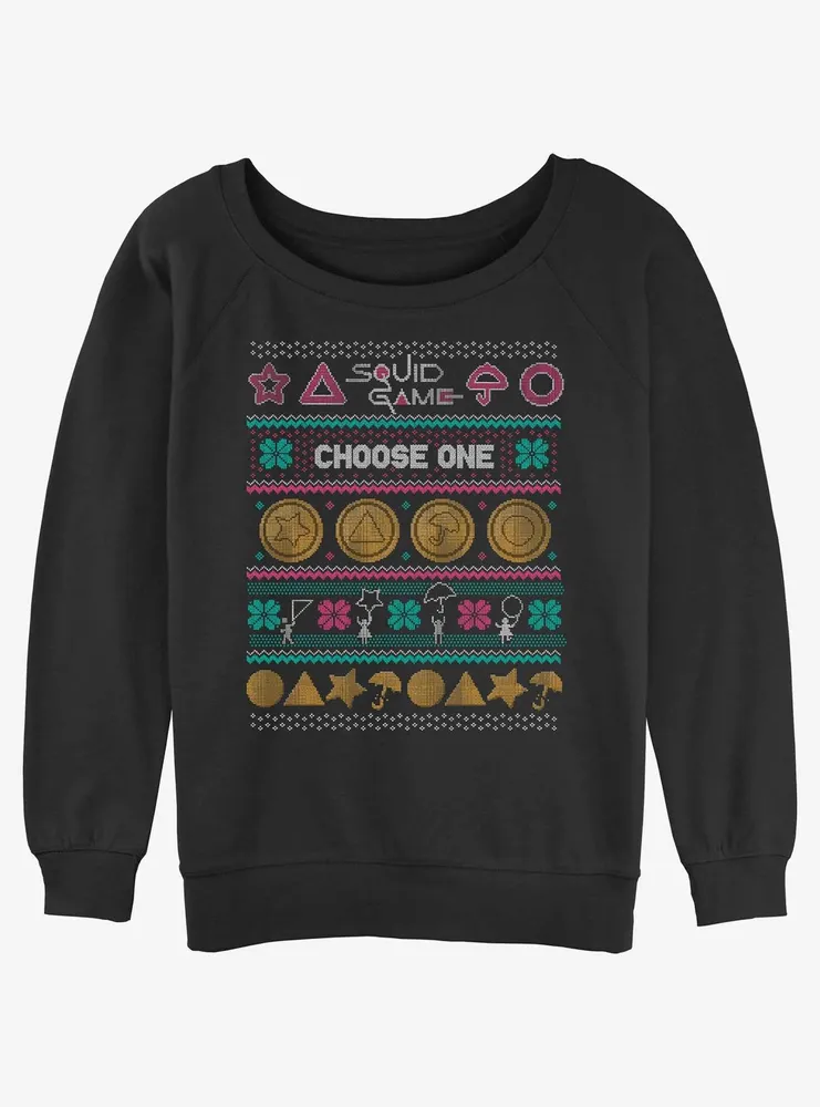 Squid Game Choose One Dalgona Cookie Ugly Christmas Womens Slouchy Sweatshirt