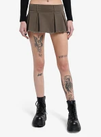 Olive Frayed Pleated Micro Skort