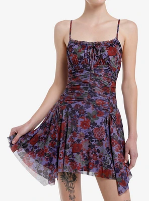 Purple & Red Floral Ruched Hanky Hem Dress