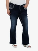 Dark Indigo Filigree Rhinestone Flare Denim Pants Plus