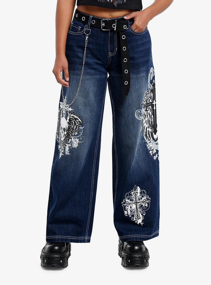 Skull & Gothic Cross Dark Wash Girls Wide-Leg Jeans