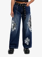 Skull & Gothic Cross Dark Wash Girls Wide-Leg Jeans