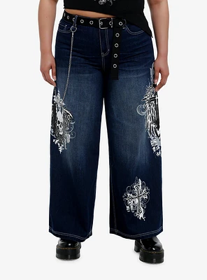 Skull & Gothic Cross Dark Wash Girls Wide-Leg Jeans Plus