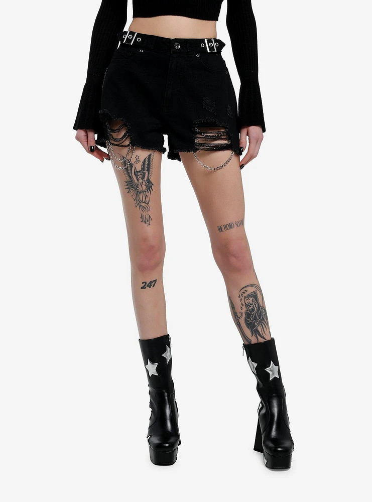 Cosmic Aura Black Buckles & Chains Girls Denim Shorts