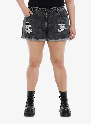 Distressed Skull Patch Dark Wash High Rise Denim Shorts Plus