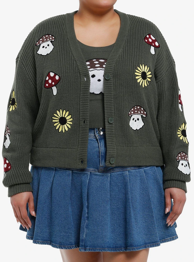 Thorn & Fable Mushroom Ghost Girls Crop Cardigan Tank Top Set Plus