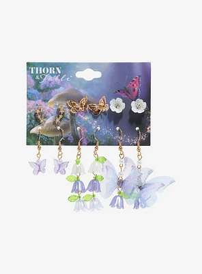 Thorn & Fable Purple Butterfly Floral Earring Set
