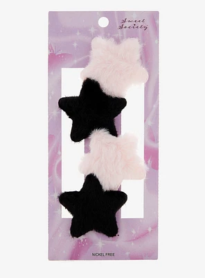 Sweet Society Pink & Black Fuzzy Star Hair Clip Set