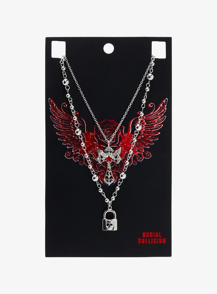 Social Collision Skull Lock Cross Necklace Set