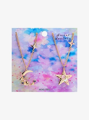 Sweet Society Moon & Star Pink Gem Best Friend Necklace Set
