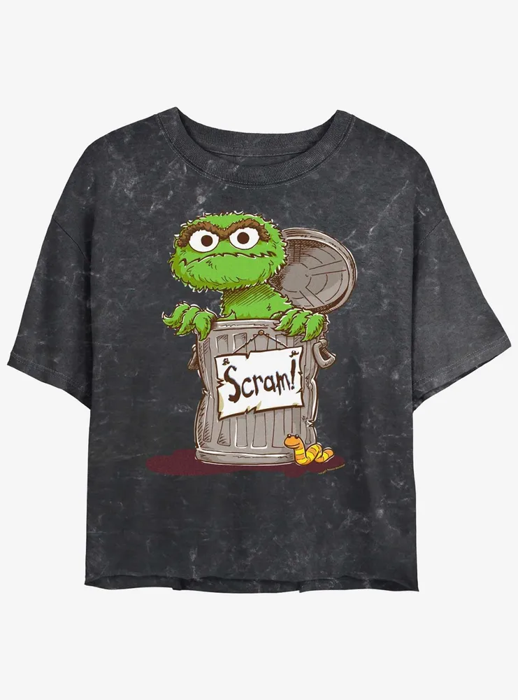 Sesame Street Oscar Scram Sign Womens Mineral Wash Crop T-Shirt