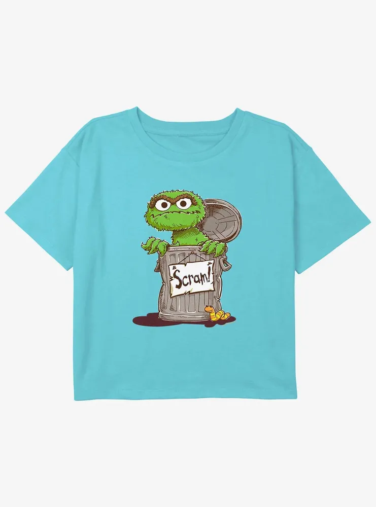 Sesame Street Oscar Scram Sign Youth Girls Boxy Crop T-Shirt