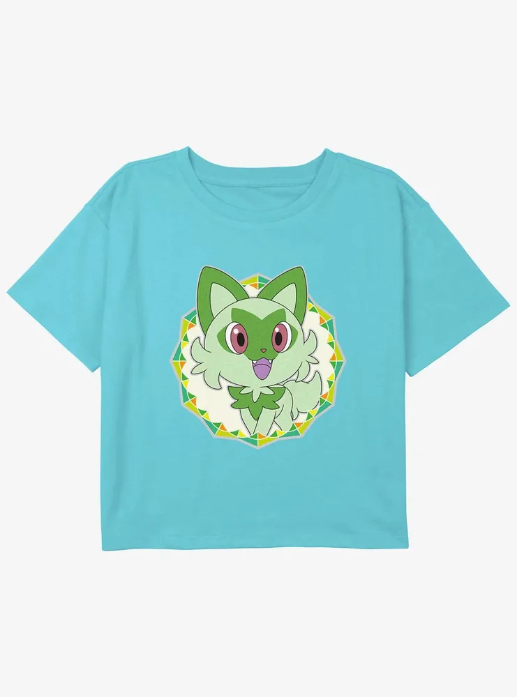 Pokemon Sprigatito Badge Youth Girls Boxy Crop T-Shirt