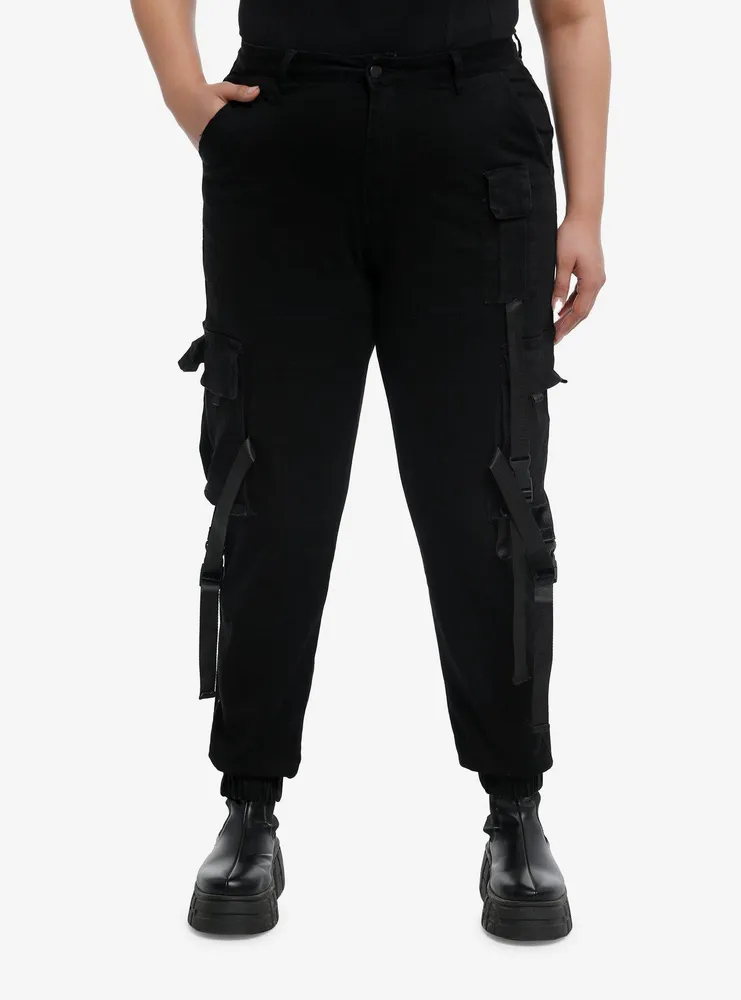 Social Collision Black Grommet Strap Zipper Flare Pants Plus Size